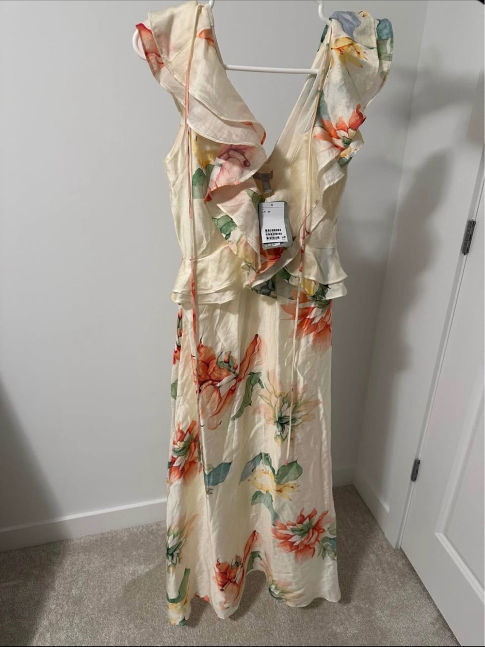 H&M Cream Floral Ruffle Maxi Dress with Coral and Green Accents